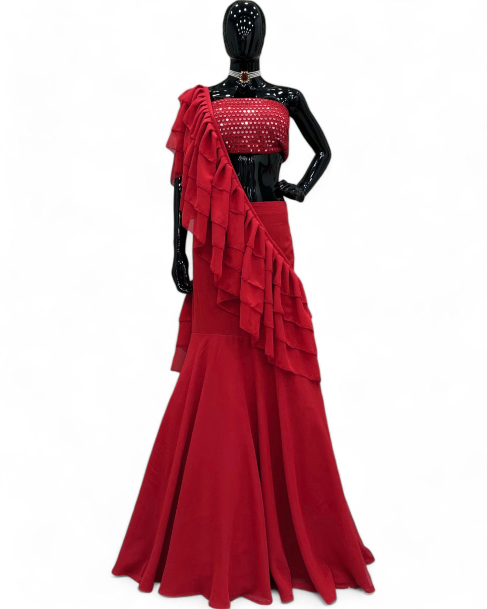 Red Georgette Ready Wear Designer Wedding Ruffle Lehenga Saree
