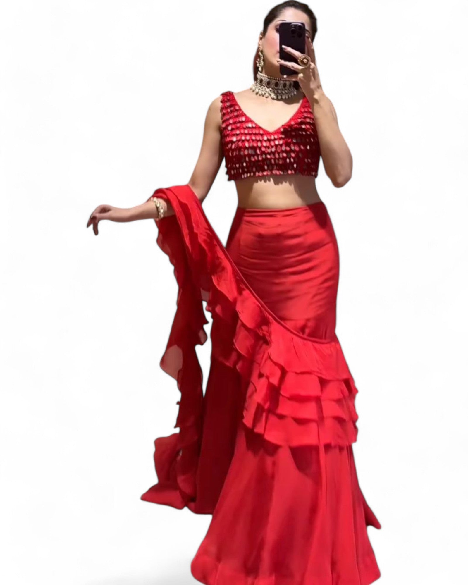 Red Georgette Ready Wear Designer Wedding Ruffle Lehenga Saree