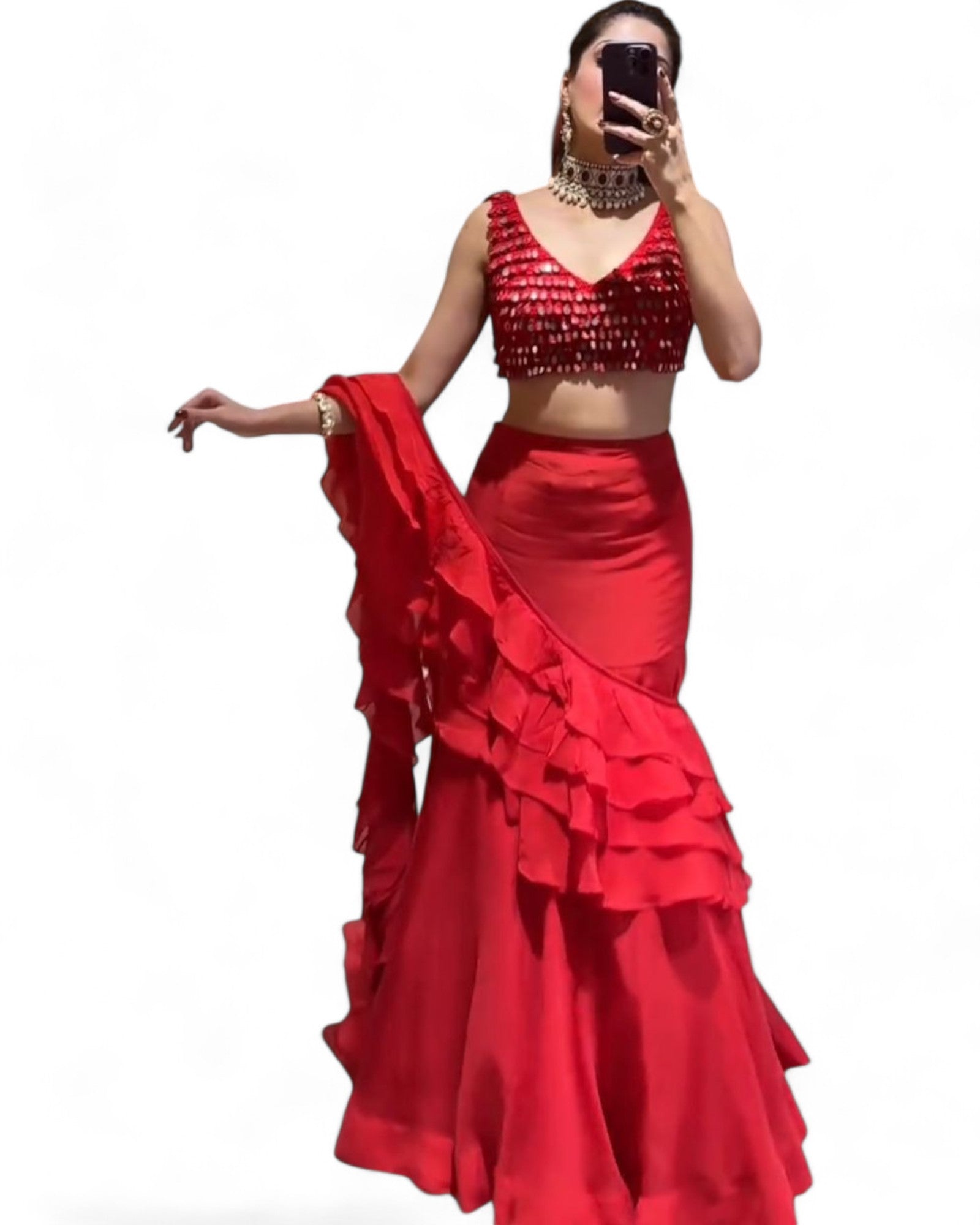 Red Georgette Ready Wear Designer Wedding Ruffle Lehenga Saree