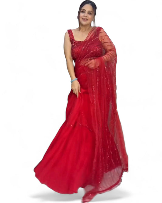 Red Net Sequins Work Designer Wedding Lehenga Saree
