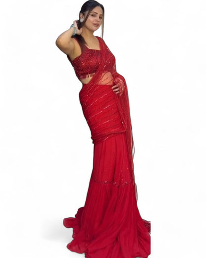 Red Net Sequins Work Designer Wedding Lehenga Saree
