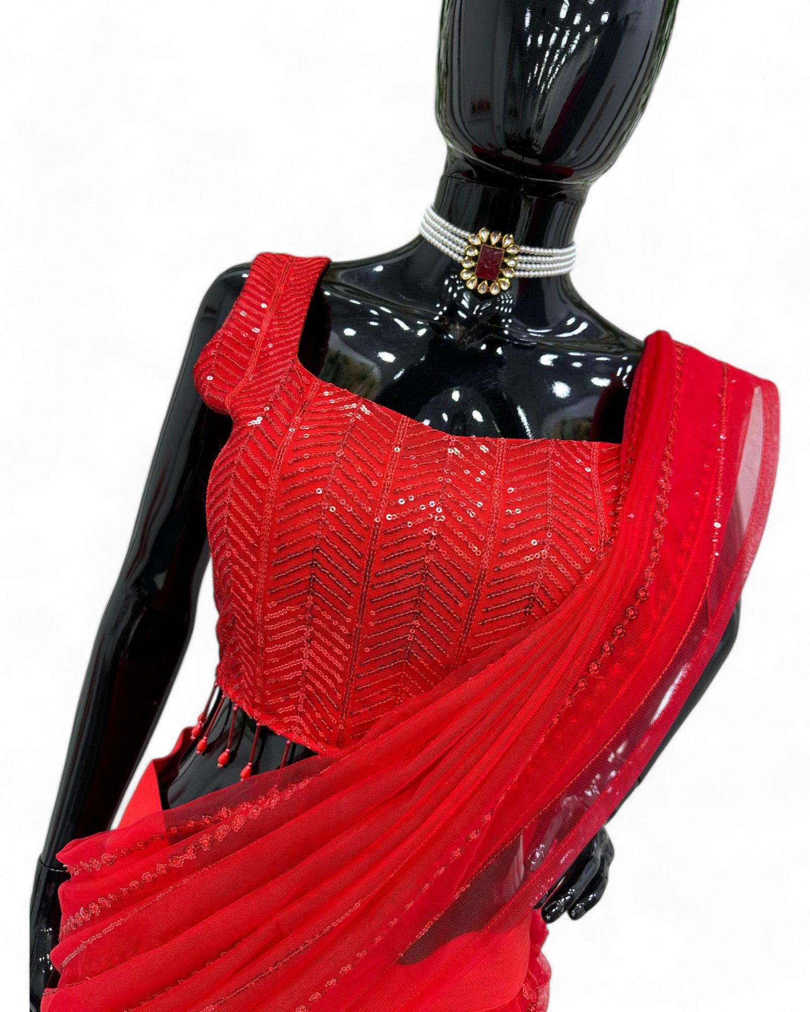 Red Net Sequins Work Designer Wedding Lehenga Saree
