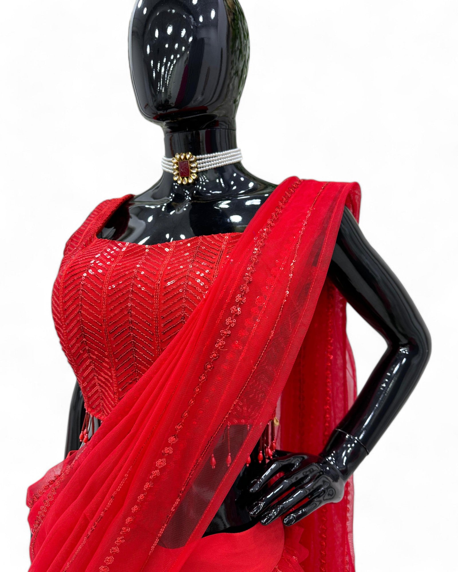Red Net Sequins Work Designer Wedding Lehenga Saree