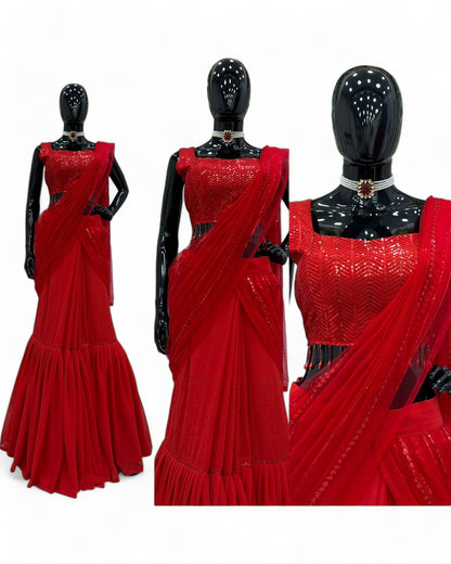 Red Net Sequins Work Designer Wedding Lehenga Saree