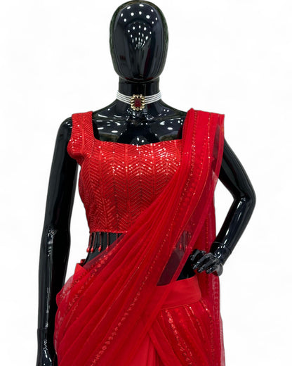 Red Net Sequins Work Designer Wedding Lehenga Saree
