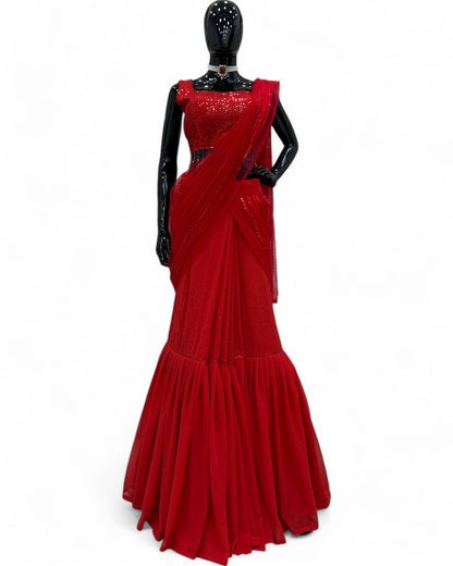Red Net Sequins Work Designer Wedding Lehenga Saree