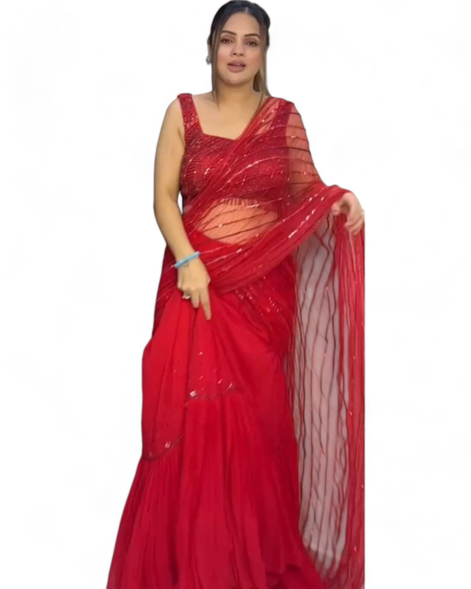 Red Net Sequins Work Designer Wedding Lehenga Saree