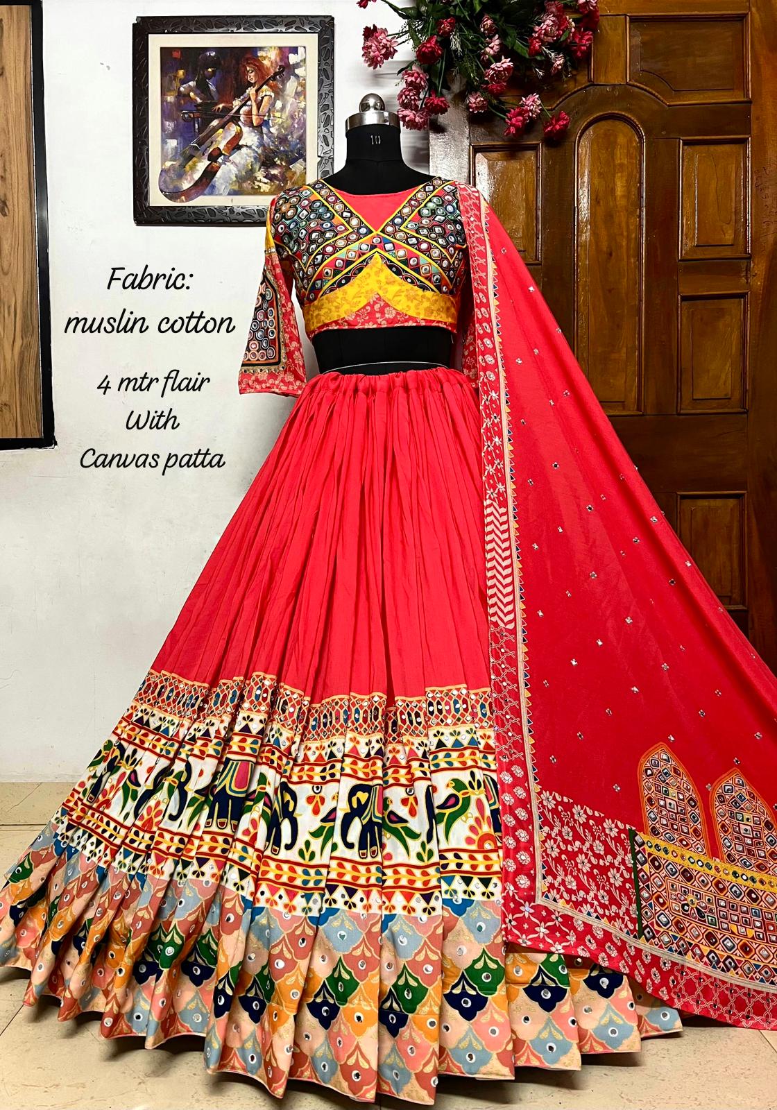 Red cotton gujarati garba navratri lehenga chaniya choli
