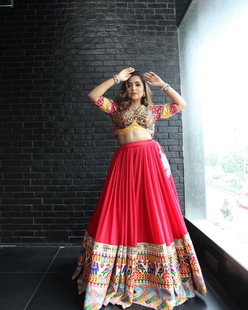 Red cotton gujarati garba navratri lehenga chaniya choli