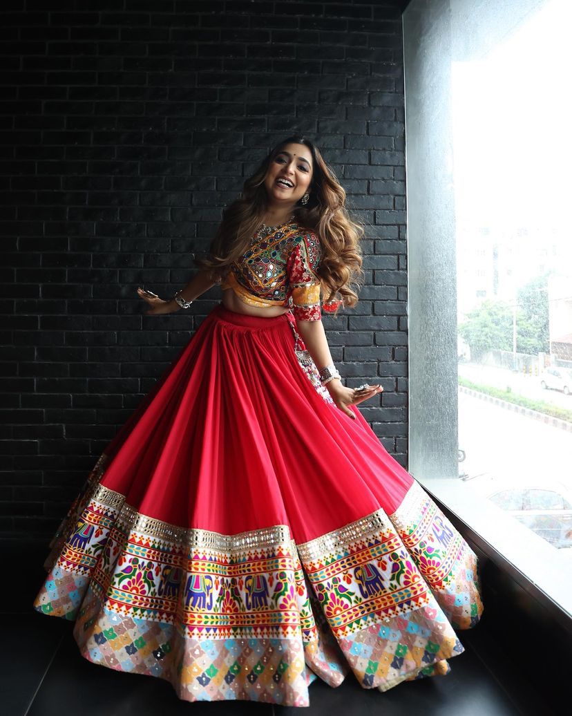 Red cotton gujarati garba navratri lehenga chaniya choli