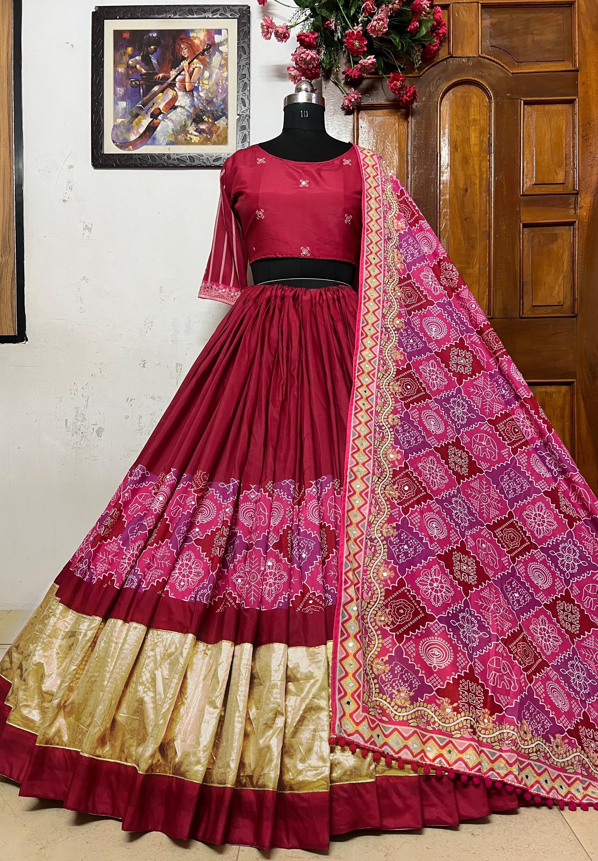 Red cotton mirror work navratri lehenga chaniya choli