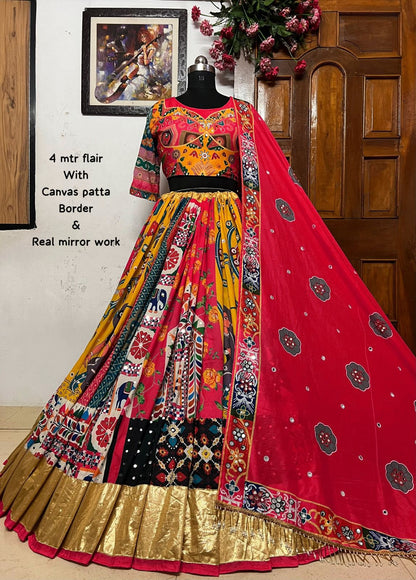 Red cotton print mirror work gujarati navratri lehenga chaniya choli