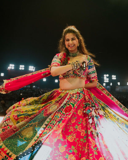 Red cotton print mirror work gujarati navratri lehenga chaniya choli