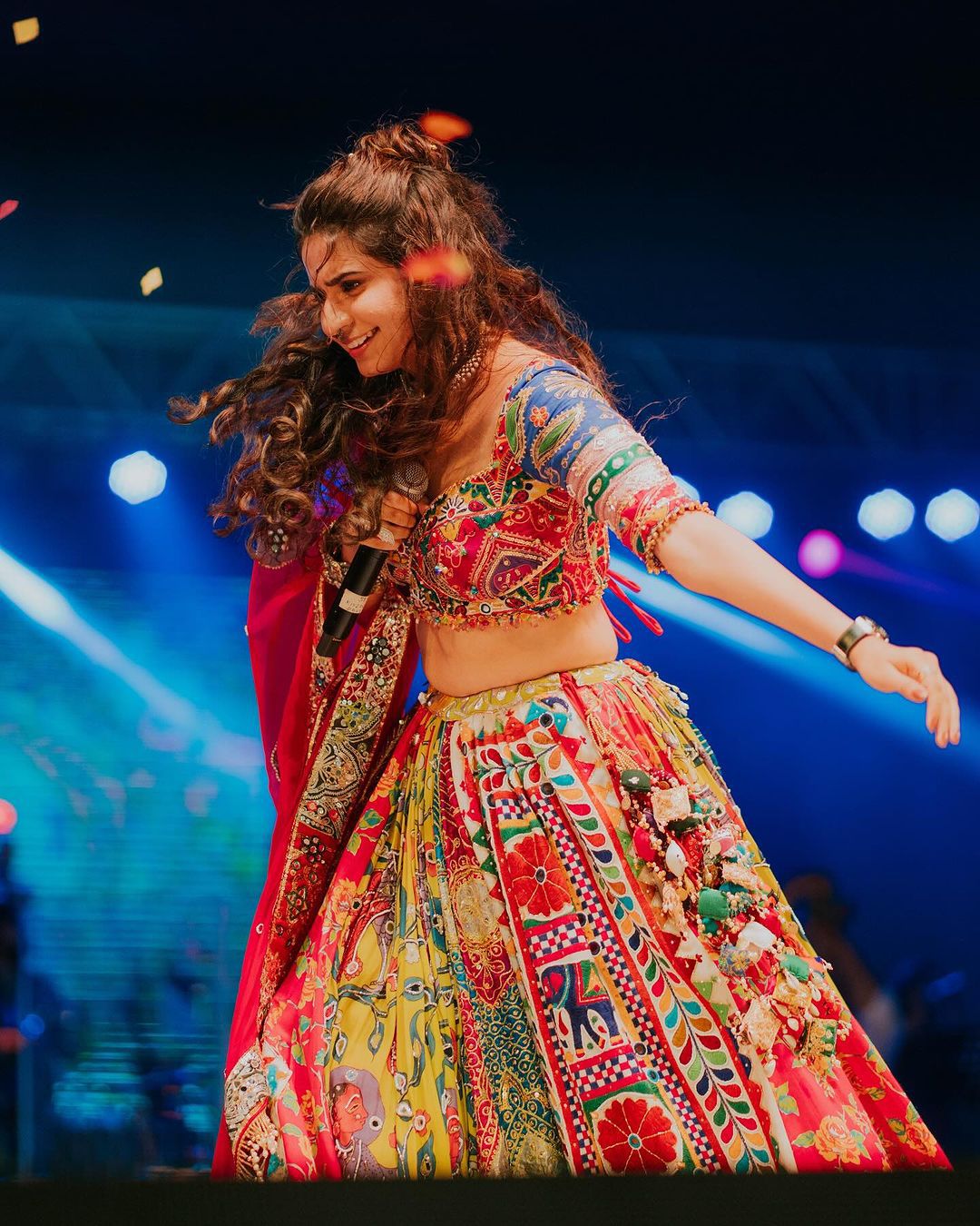 Red cotton print mirror work gujarati navratri lehenga chaniya choli