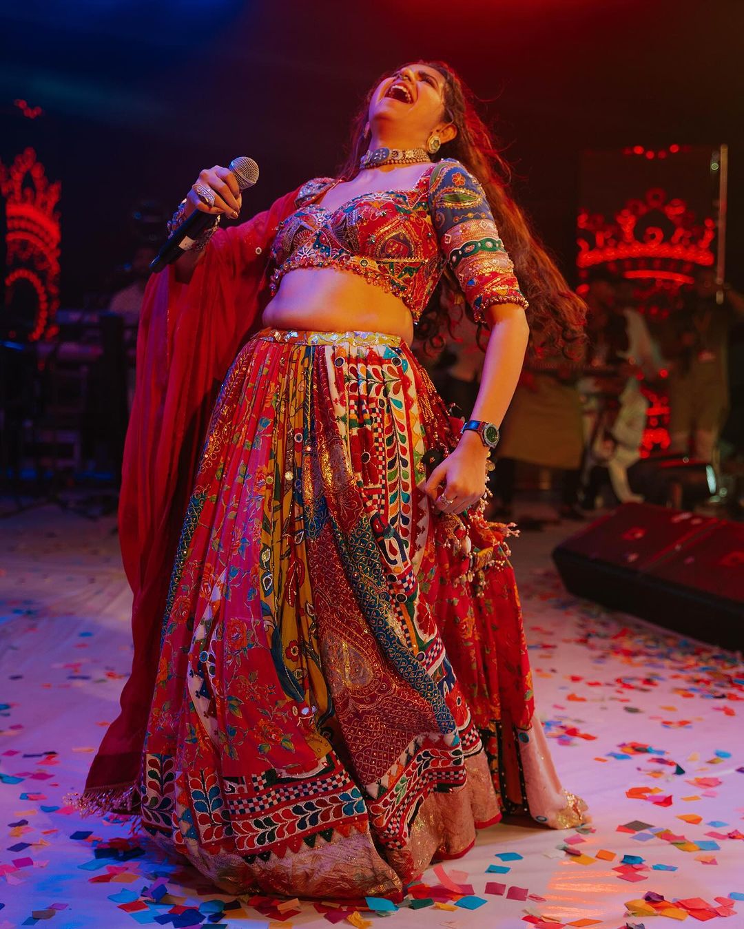 Red cotton print mirror work gujarati navratri lehenga chaniya choli