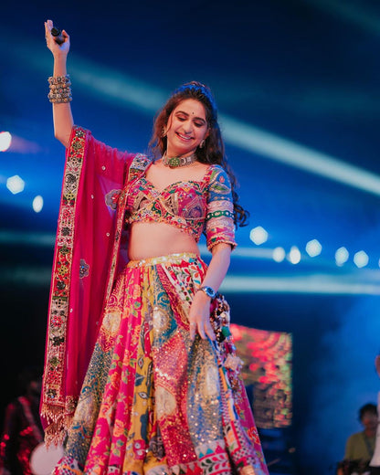 Red cotton print mirror work gujarati navratri lehenga chaniya choli