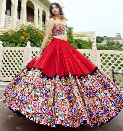 Red cotton printed gujarati garba mirror work navratri lehenga chaniya choli