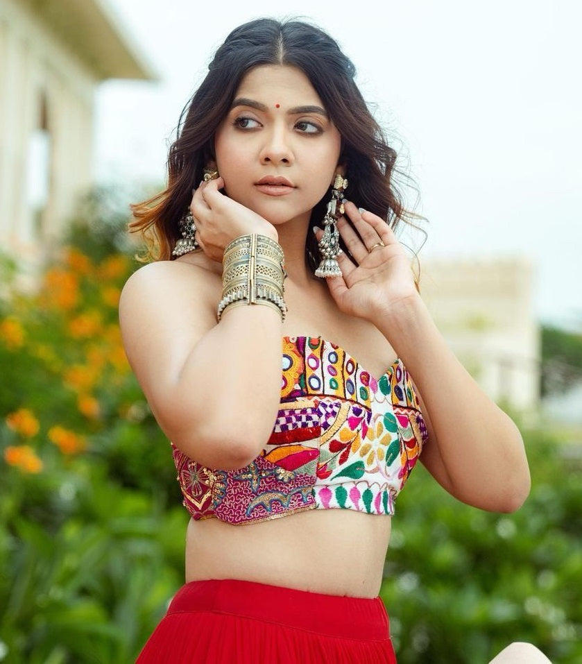 Red cotton printed gujarati garba mirror work navratri lehenga chaniya choli