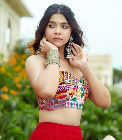 Red cotton printed gujarati garba mirror work navratri lehenga chaniya choli