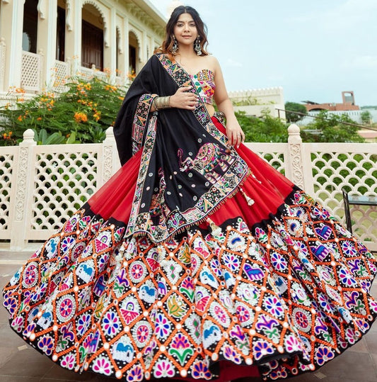 Red cotton printed gujarati garba mirror work navratri lehenga chaniya choli