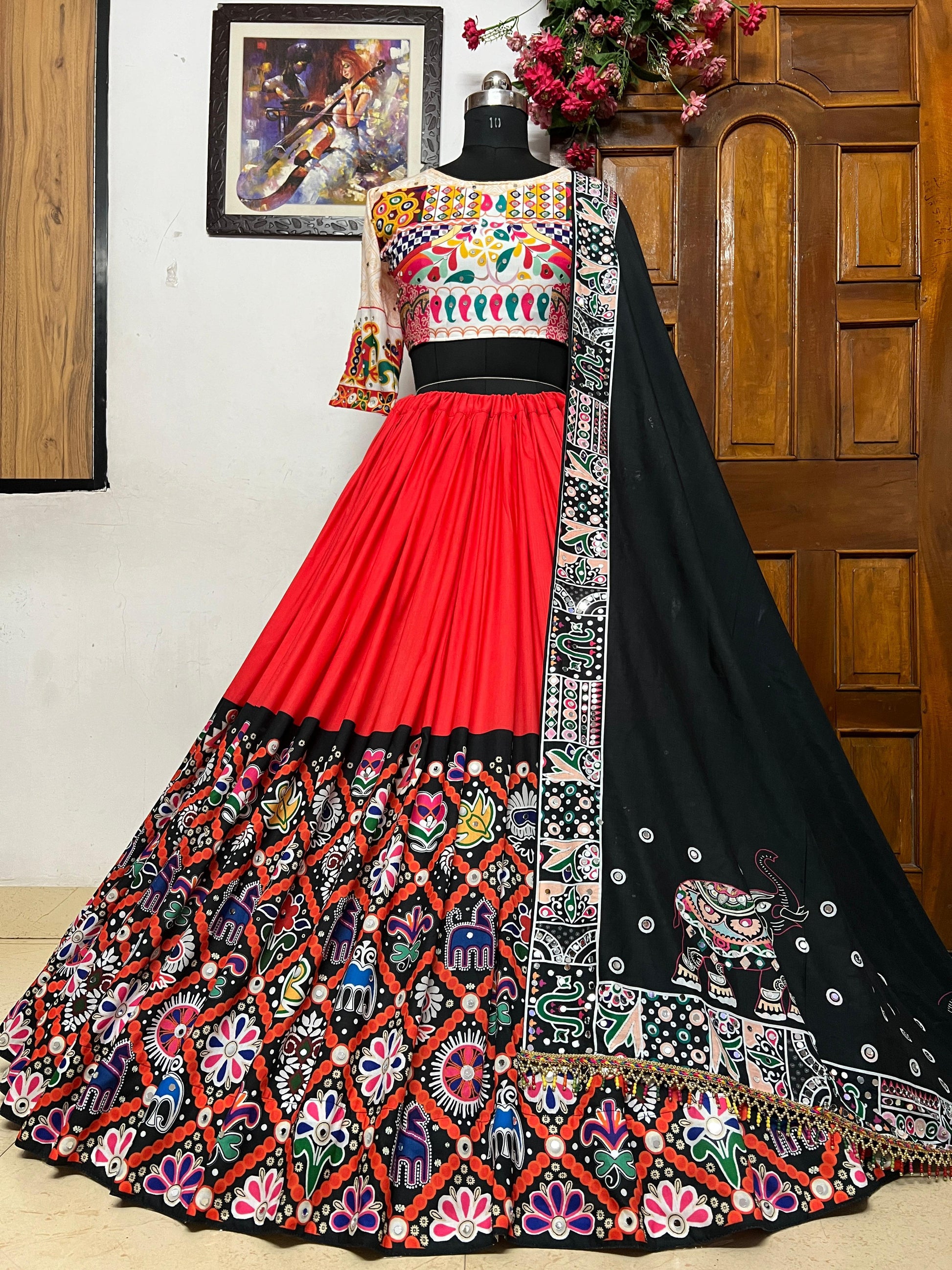 Red cotton printed gujarati garba mirror work navratri lehenga chaniya choli