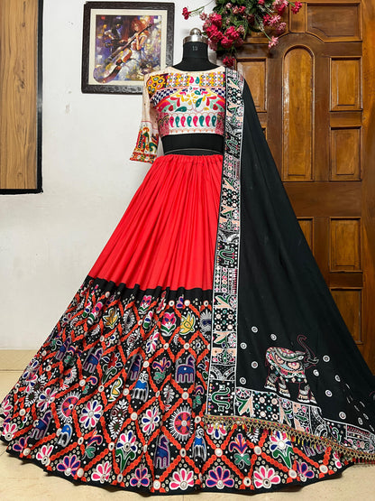 Red cotton printed gujarati garba mirror work navratri lehenga chaniya choli