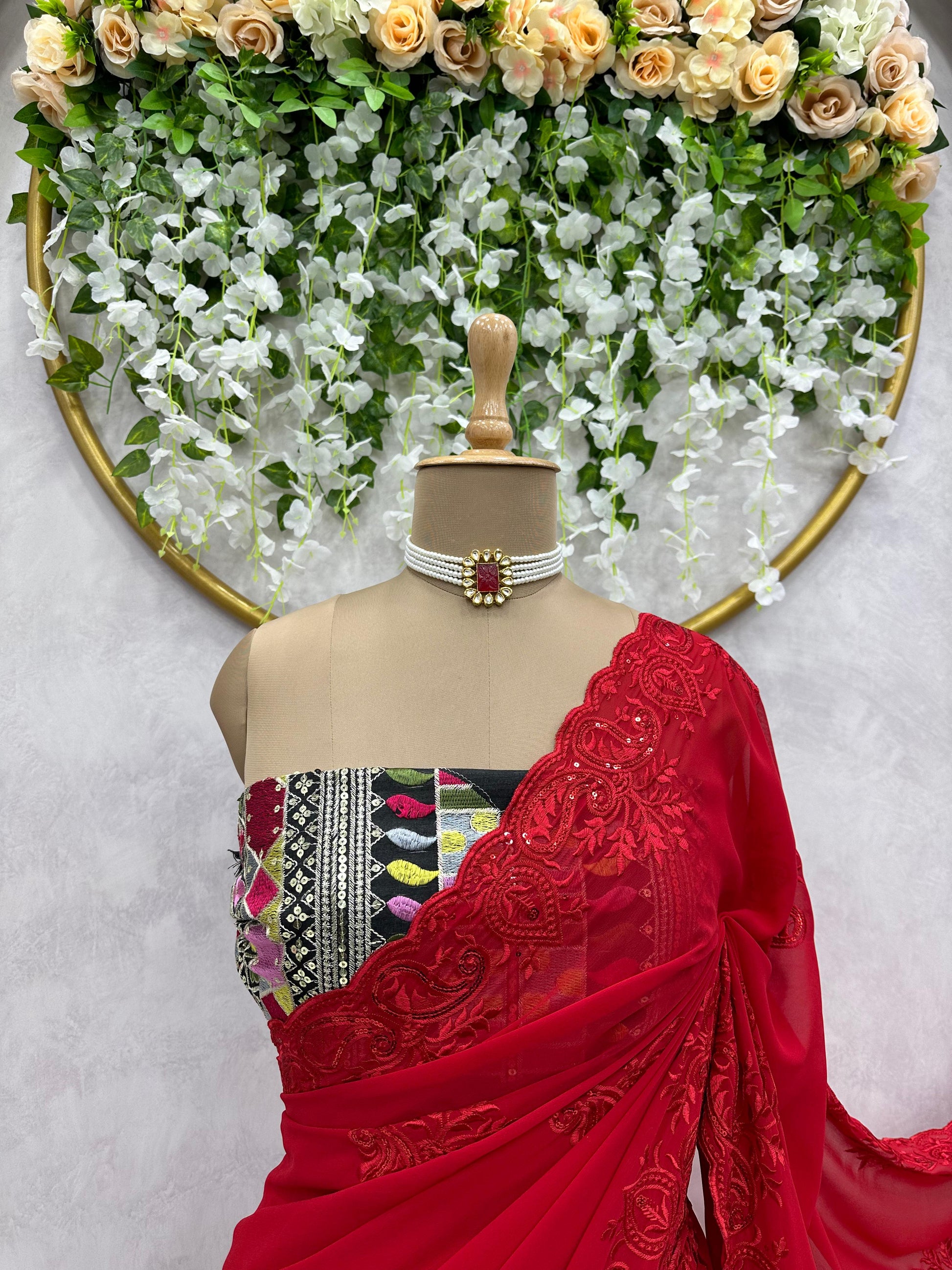 Red georgette hot fix work designer party wear saree