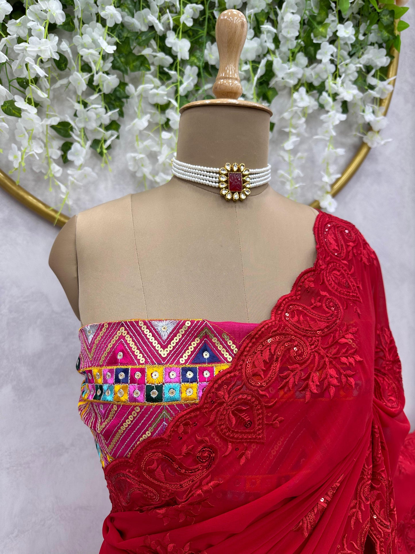 Red georgette hot fix work designer party wear saree