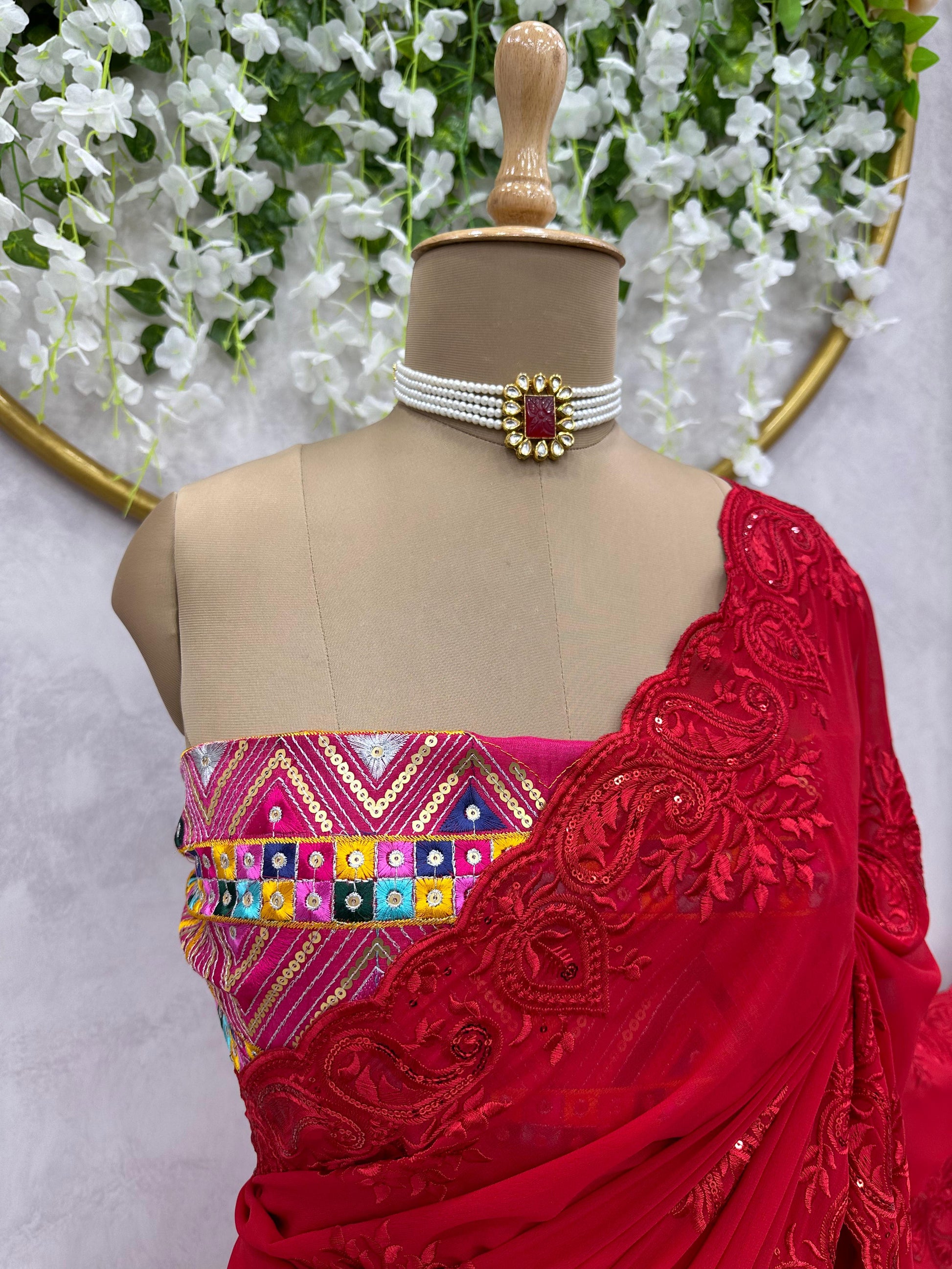 Red georgette hot fix work designer party wear saree