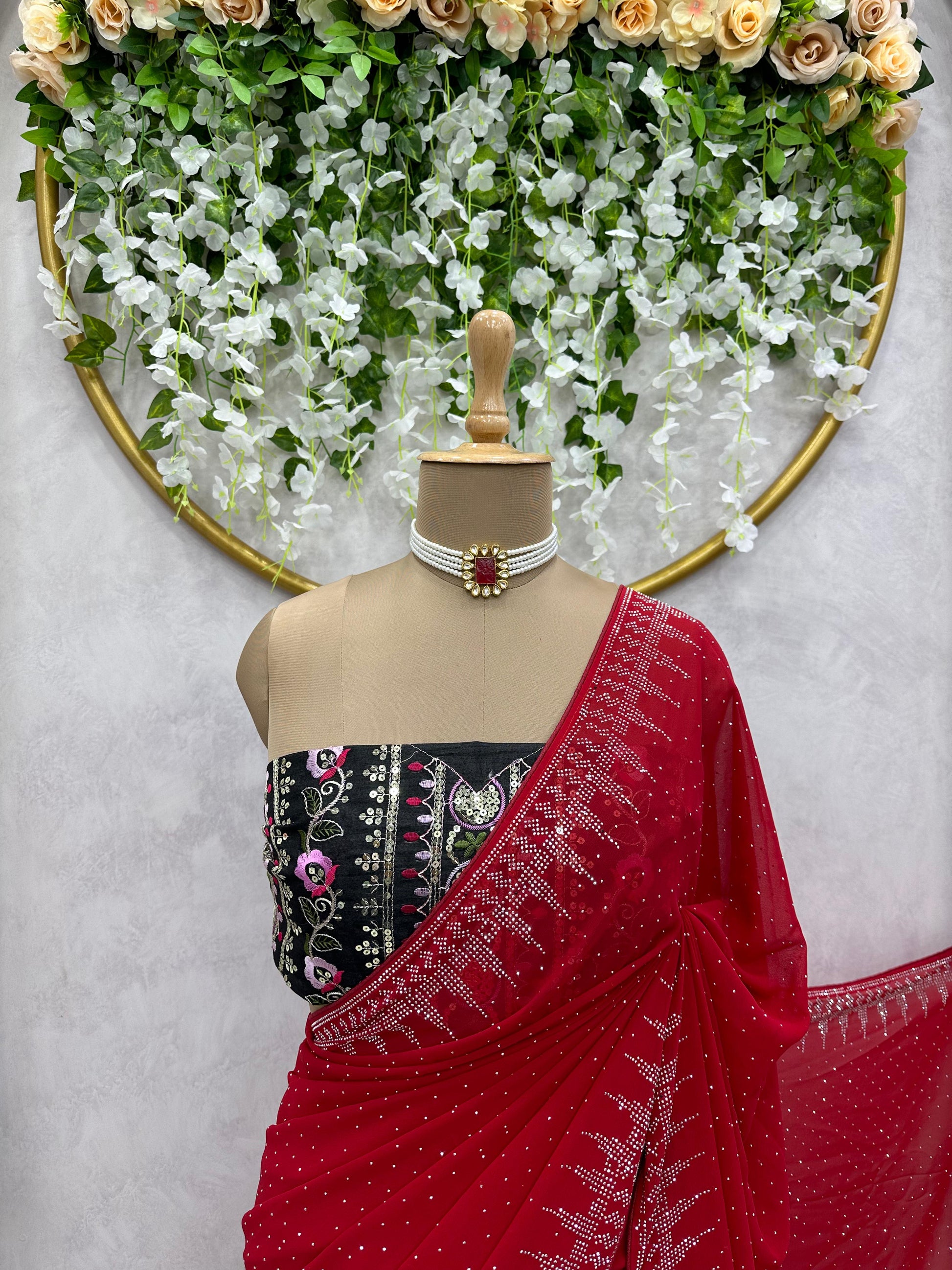Red georgette hot fix work designer party wear saree