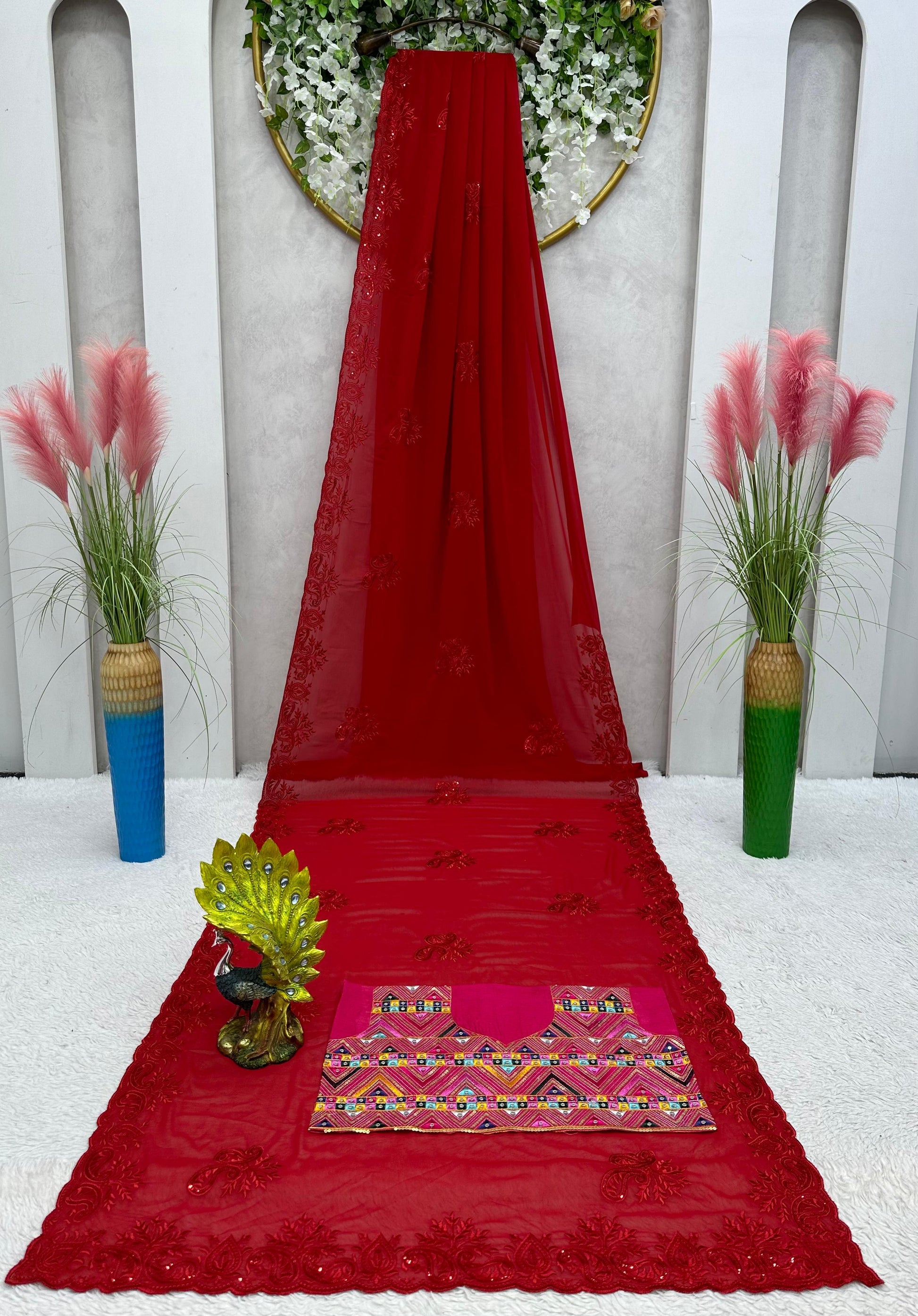 Red georgette hot fix work designer party wear saree