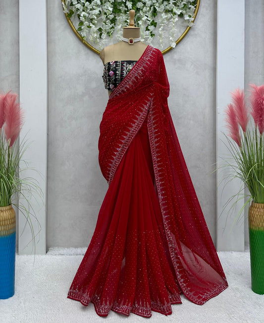 Red georgette hot fix work designer party wear saree Red Free Size C