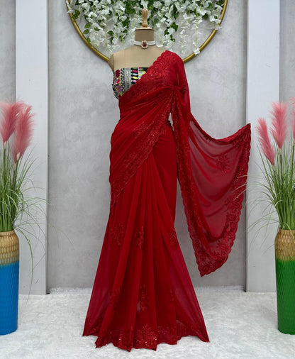 Red georgette hot fix work designer party wear saree Red Free Size B