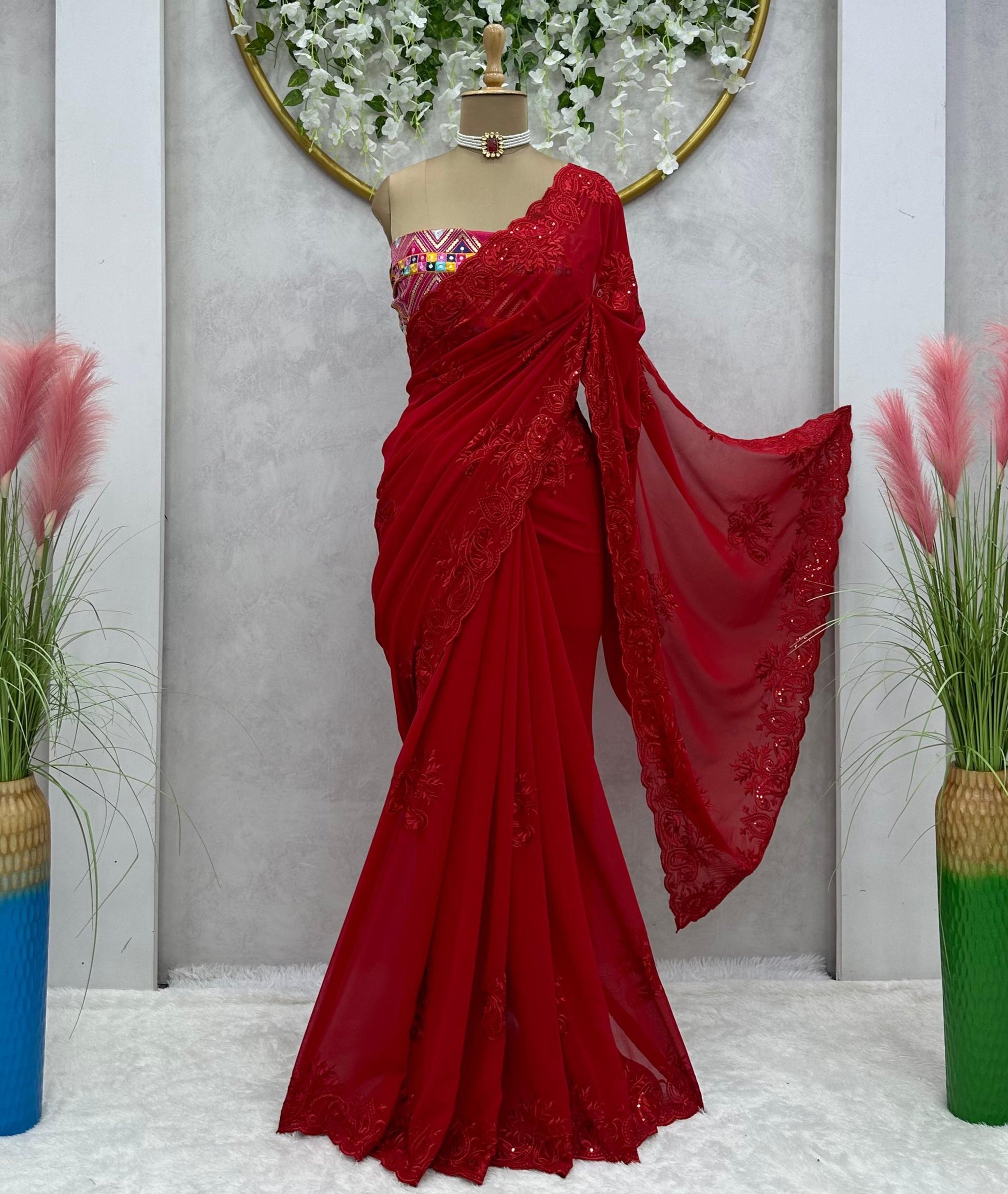 Red georgette hot fix work designer party wear saree Red Free Size A