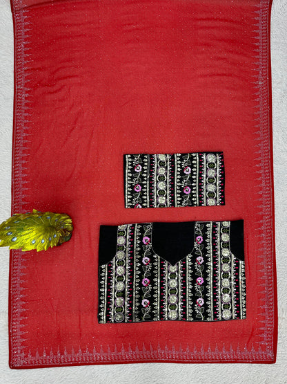 Red georgette hot fix work designer party wear saree