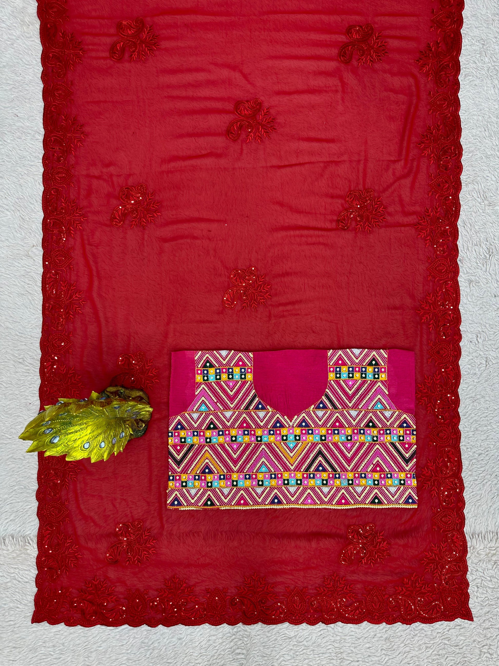 Red georgette hot fix work designer party wear saree