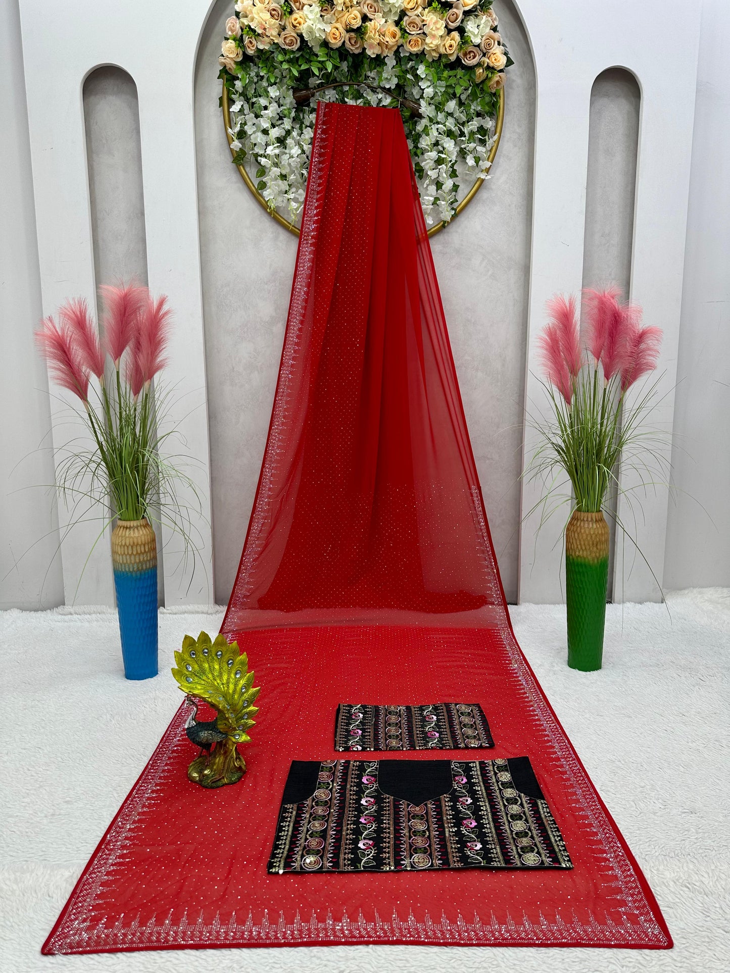 Red georgette hot fix work designer party wear saree