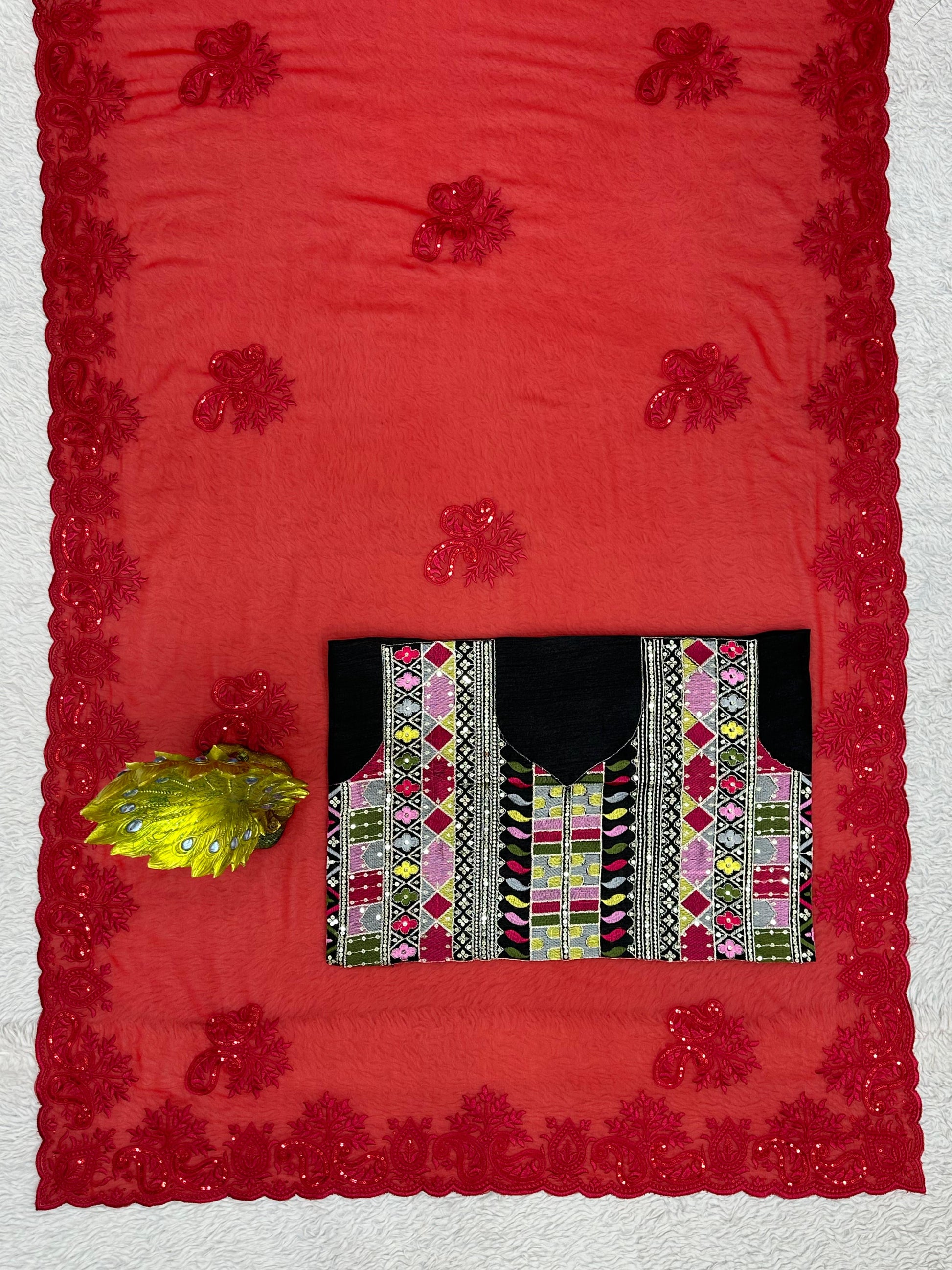 Red georgette hot fix work designer party wear saree