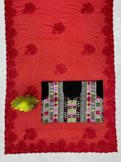 Red georgette hot fix work designer party wear saree