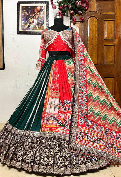 Red green cotton navratri lehenga chaniya choli