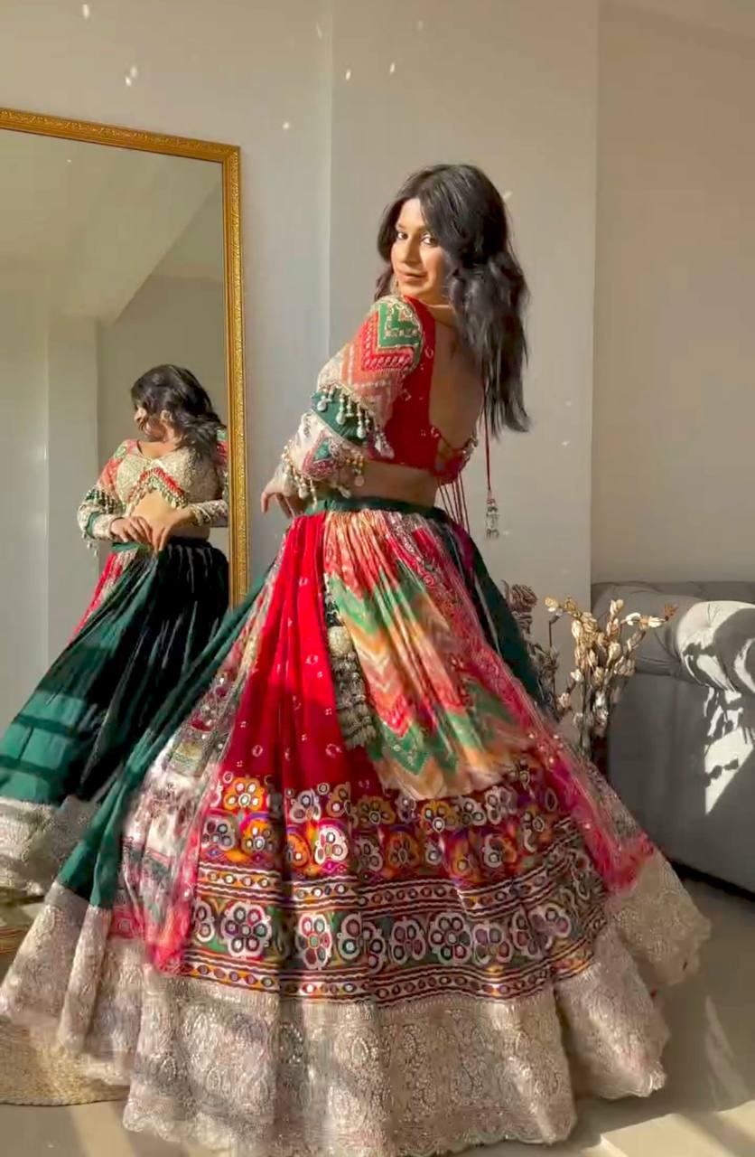 Red green cotton navratri lehenga chaniya choli