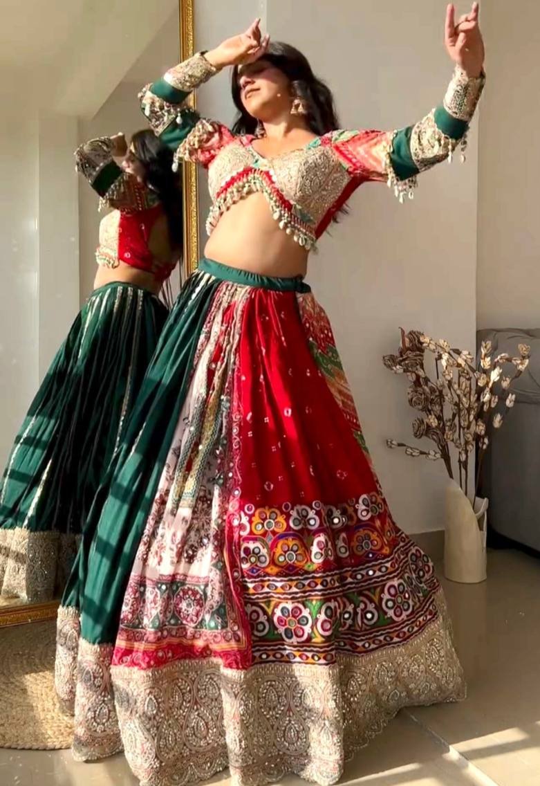Red green cotton navratri lehenga chaniya choli