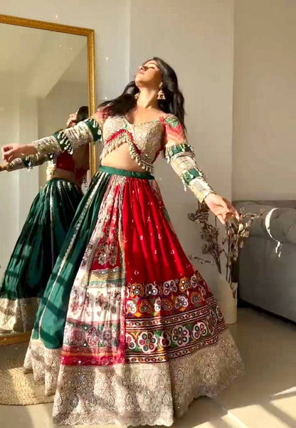 Red green cotton navratri lehenga chaniya choli