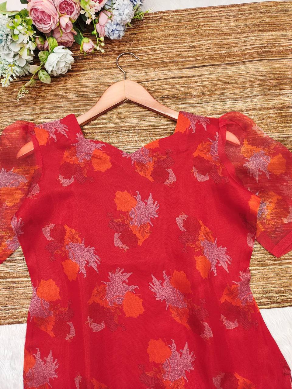 Red organza floral printed daily wear kurti