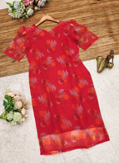 Red organza floral printed daily wear kurti