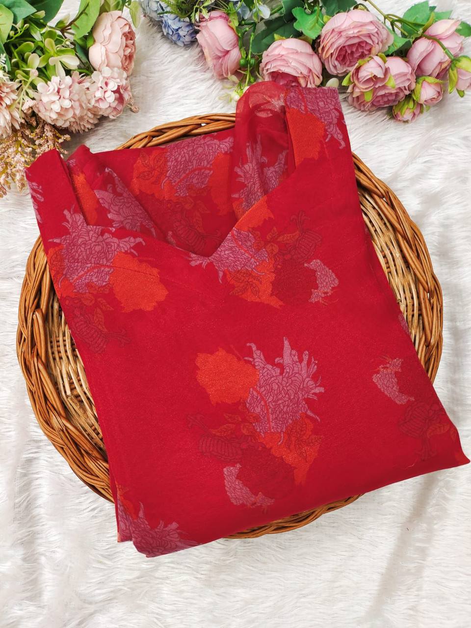 Red organza floral printed daily wear kurti