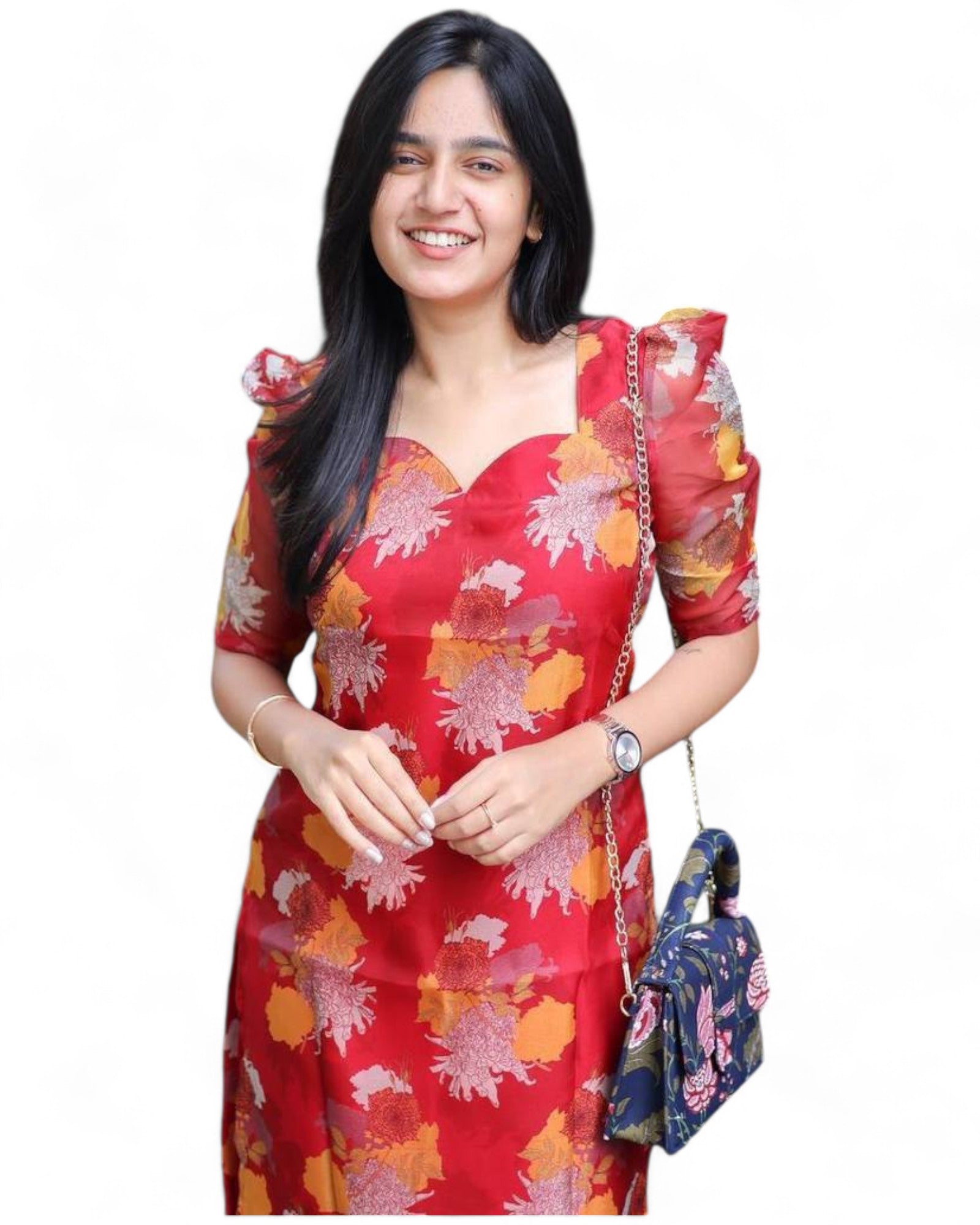 Red organza floral printed daily wear kurti