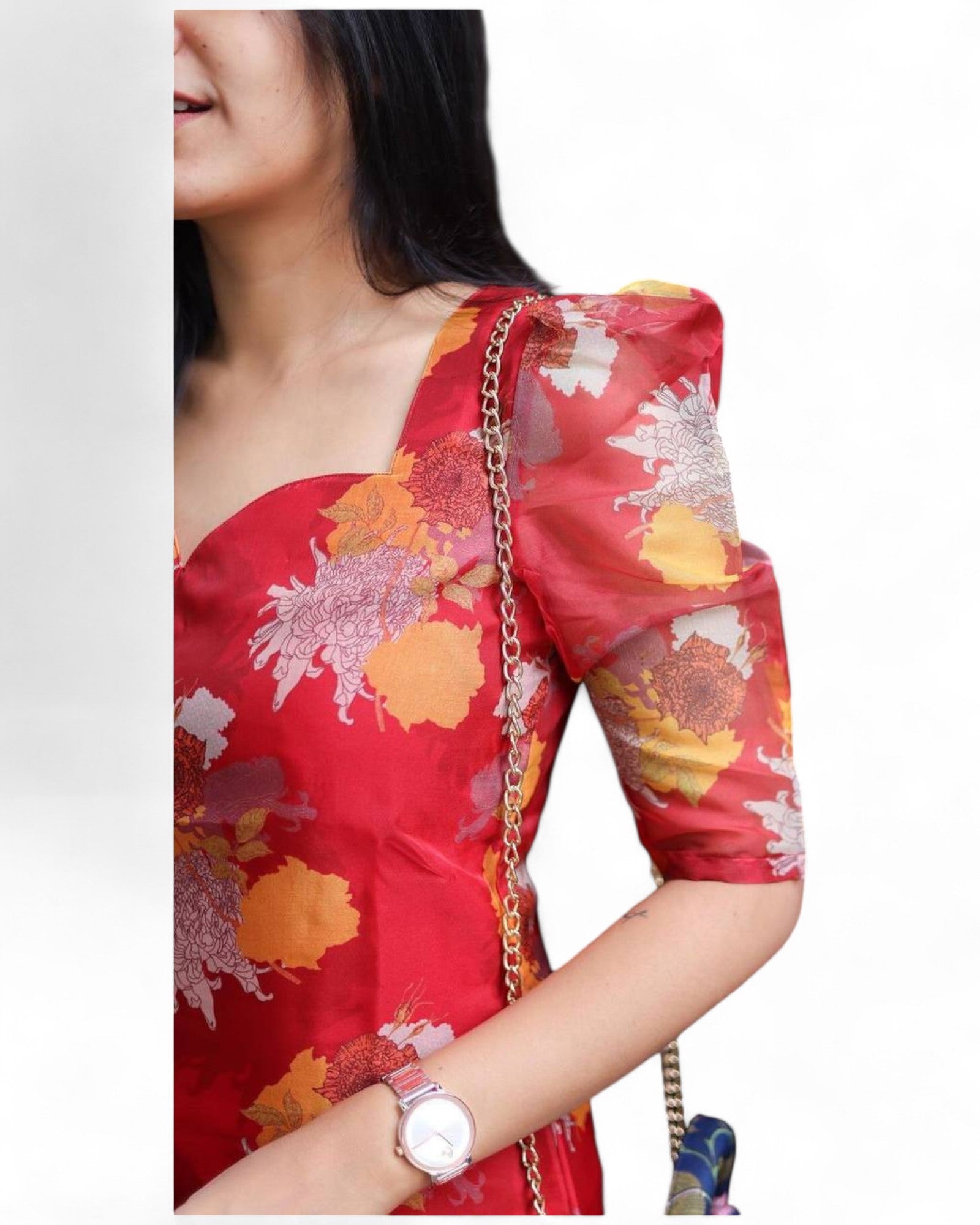 Red organza floral printed daily wear kurti