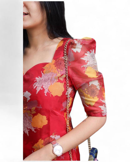 Red organza floral printed daily wear kurti