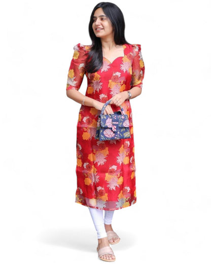 Red organza floral printed daily wear kurti